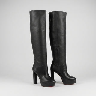 Aquazzura Black Leather Pull-On Knee-High Platform Boots – EU 38.5 / UK 5.5