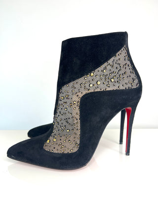 Christian Louboutin Papilloboot 100 Embellished Mesh and Suede Ankle Boots 38.5 UK5.5