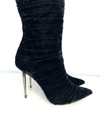 Tom Ford Preloved Black Velvet Pleated Knee-High Heel Boots 41 UK8