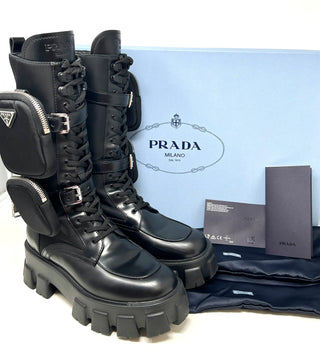 Prada Black Leather Nylon Tall Combat Boots