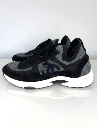 Chanel Preloved Grey Fabric Black Suede Sneakers Trainers 38.5 UK5.5