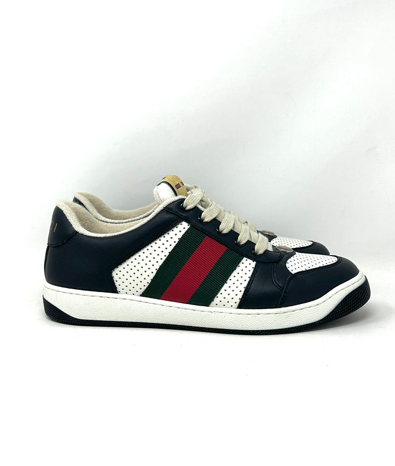 Gucci Screener Black And White Leather Web Stripe Low Top Sneakers Mens 40 UK 6