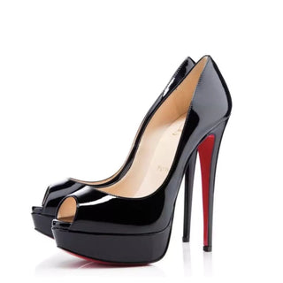 Christian Louboutin Black Patent Leather Platform Peep Toe Heels 