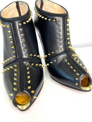 Christian Louboutin Carapachoc 100 Spike Black Leather Peep-Toe Ankle Boots 38.5 UK5.5