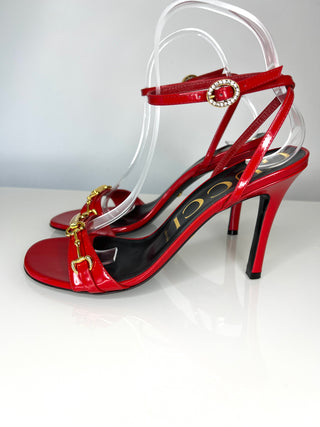 Gucci Moorea  Horsebit Red Patent Leather Ankle Strap Heeled Sandals 38 UK5