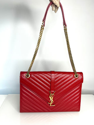 Saint Laurent YSL Pre-Loved Large Envelope Red Chevron Quilted Leather Shoulder Bag