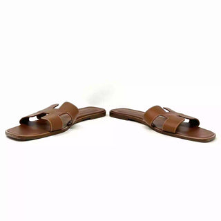 Hermes Oran Brown Leather H Cut Out Flat Slide Sandals 42 UK 9