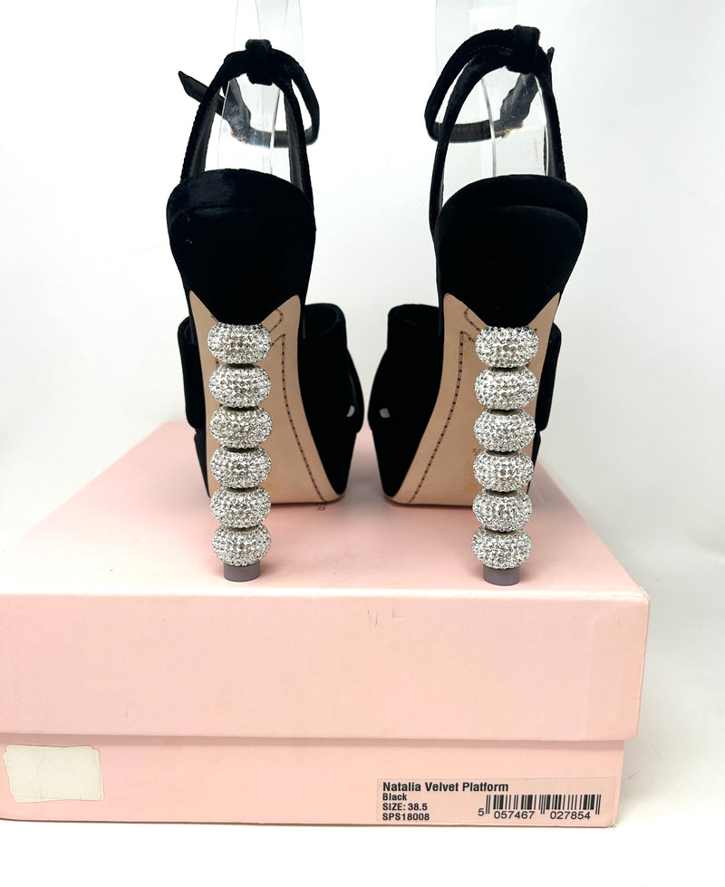 Sophia Webster Natalia 140 Black Velvet Crystal Heel Platform Sandals 38.5 UK 5.5