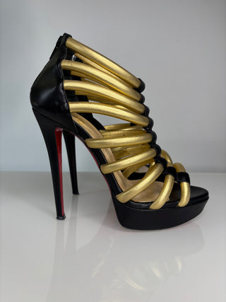 Christian Louboutin Romaine Gladiator Gold Black Platform Sandals 38.5 UK5.5
