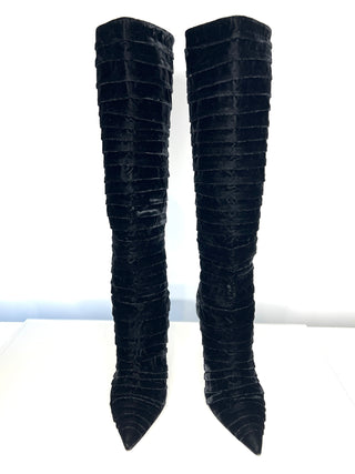Tom Ford Preloved Black Velvet Pleated Knee-High Heel Boots 41 UK8