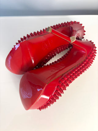 Christian Louboutin Lady Peep Spikes 150 Red Patent Platform Heels 38 UK5