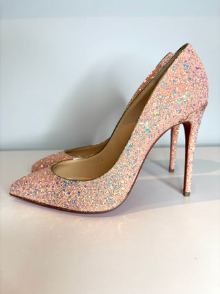 Christian Louboutin Pigalle Follies 100 Dragonfly Pink Glitter Heels 38.5 UK5.5