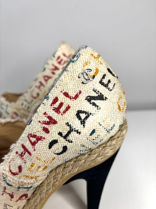 Pre-loved Chanel Cream/Black Logo Printed Canvas Espadrille Heels Booties 39.5 UK6.5