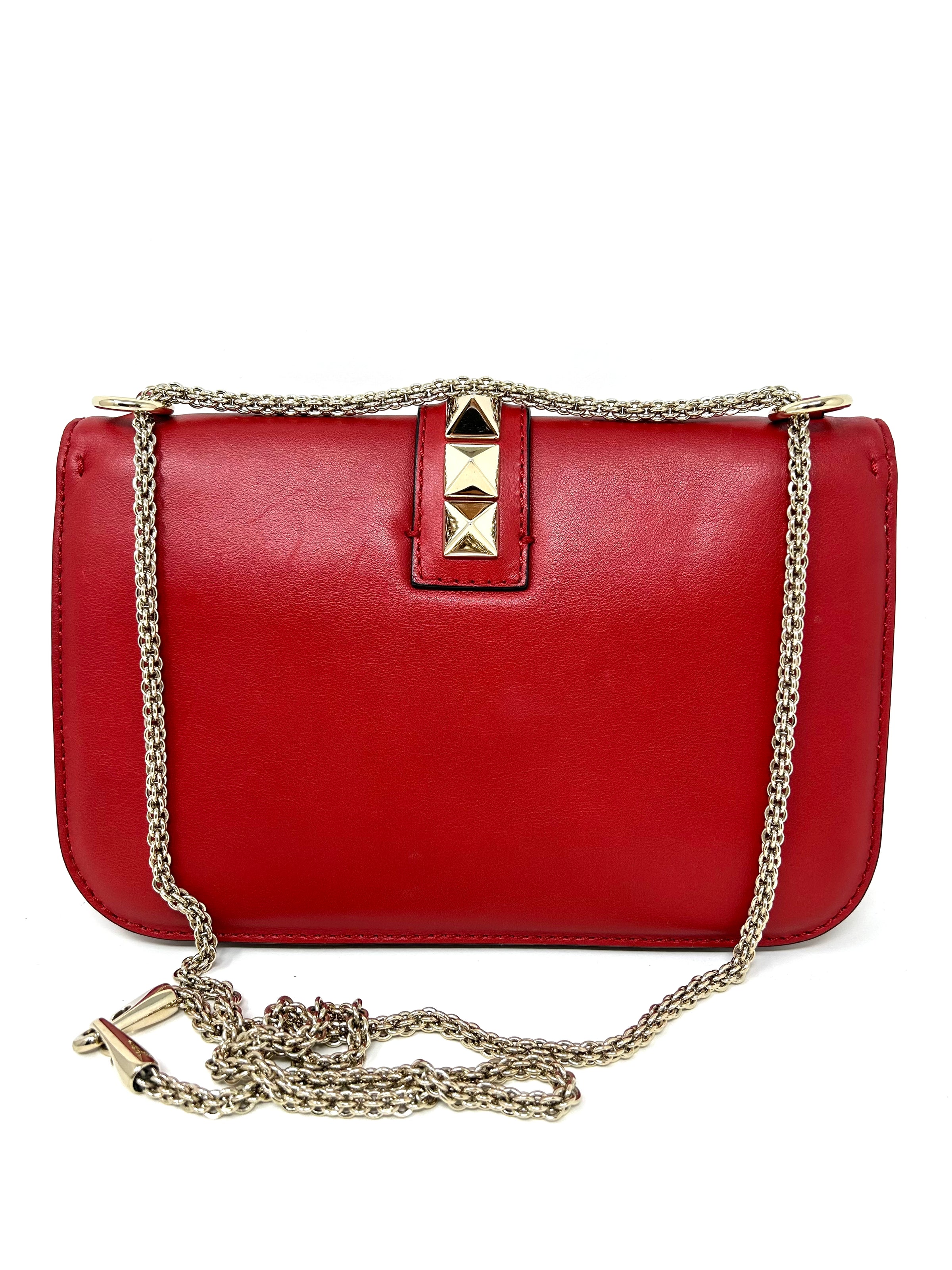 Valentino Coral Red Leather Medium Glam Lock Chain Shoulder Bag