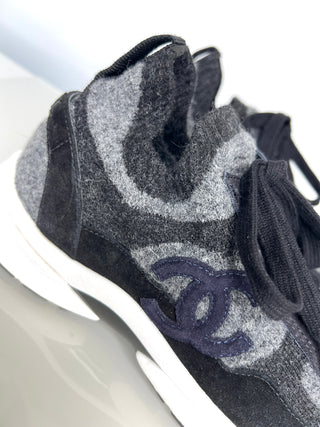 Chanel Preloved Grey Fabric Black Suede Sneakers Trainers 38.5 UK5.5