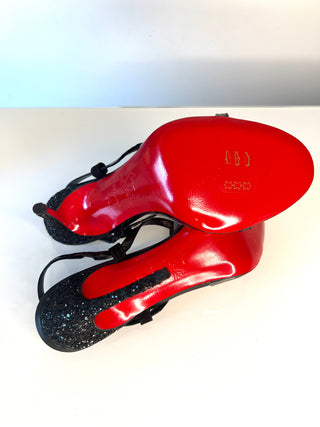 Christian Louboutin Coup de Bleu 100 Black Patent Leather & Glitter Sandals – Small Size 39 UK6