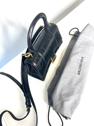 Balenciaga Preloved Hourglass XS Black Croc-Embossed Top Handle Shoulder Bag