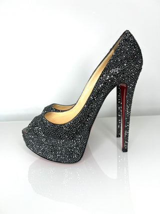 Christian Louboutin Lady Peep Grey/Black Strass Crystal Peep-Toe Platform Heels 38.5 UK5.5