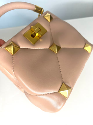 Valentino Garavani Roman Stud Blush Pink Nude Leather Gold Hardware Top Handle Cross-body Bag