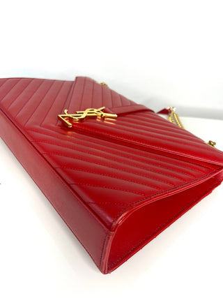 Saint Laurent YSL Pre-Loved Large Envelope Red Chevron Quilted Leather Shoulder Bag