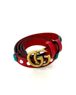 Red Leather Belt with Green and Silver Strass 95 / 38