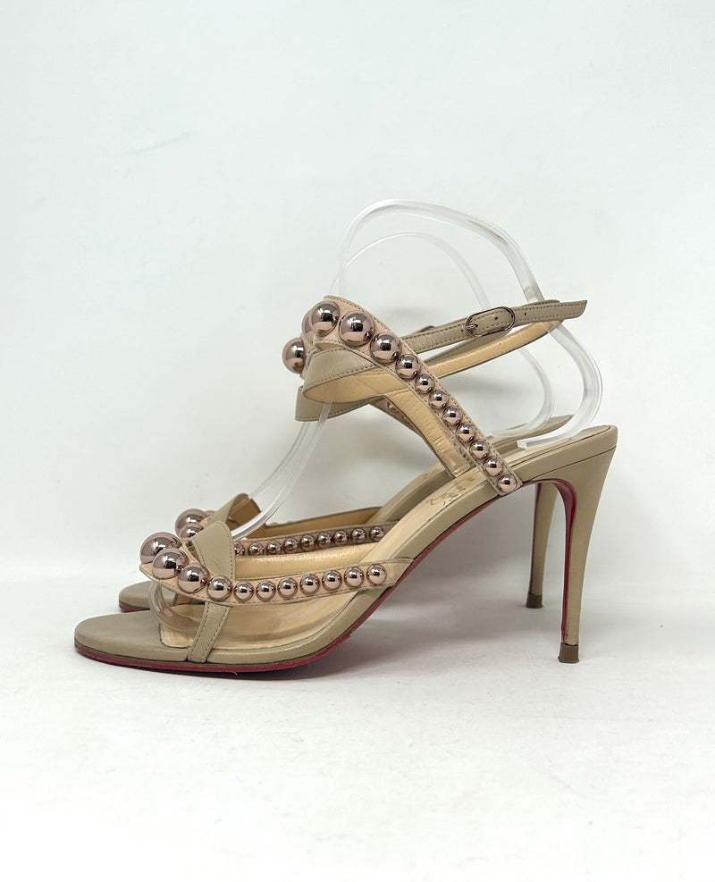 Christian Louboutin Galeria 85 Nude Leather Bronze Rose Stud Heel Sandals 39 UK 6