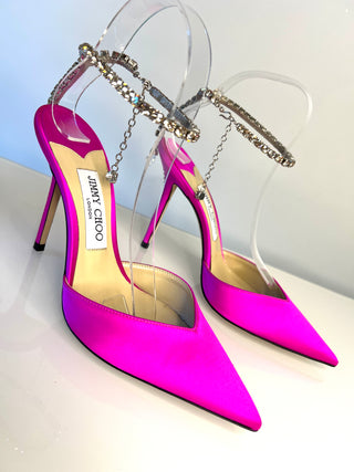 Jimmy Choo Saeda 100 Fuchsia Pink Satin Crystal Strap Heels 38.5 UK5.5