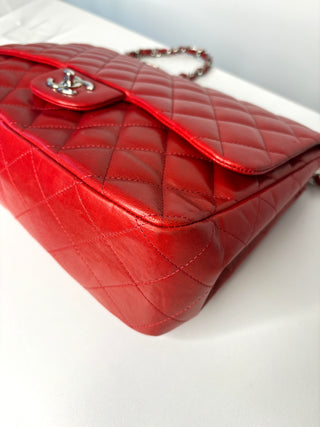 Chanel Jumbo Red Lambskin Classic Single Flap Shoulder Bag - Preloved