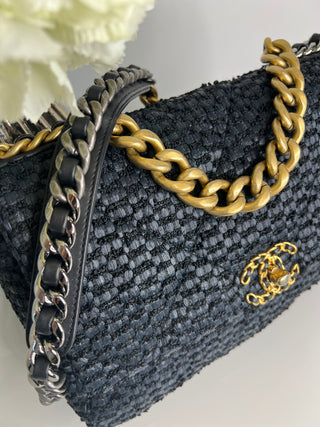 Chanel Preloved Large Chanel 19 Navy Raffia Tweed Flap Bag