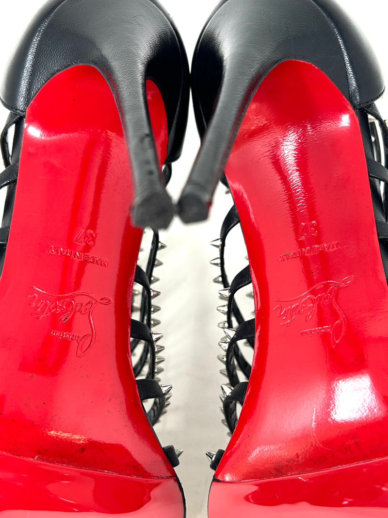 Christian Louboutin Black Leather Caged Spike Strap Heels