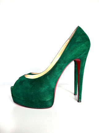 Christian Louboutin Palais Royal 140 Green Suede Peep-Toe Heels 38 UK5