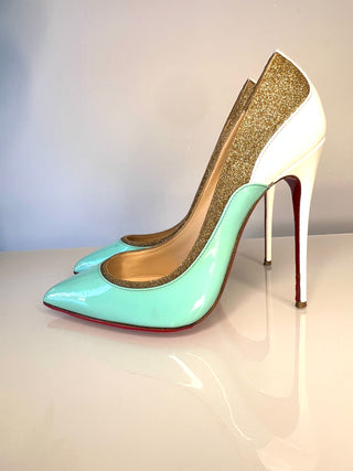 Christian Louboutin Tucsick 120 Pumps – Turquoise, White & Gold Glitter Heels – Size 37.5 UK 4.5