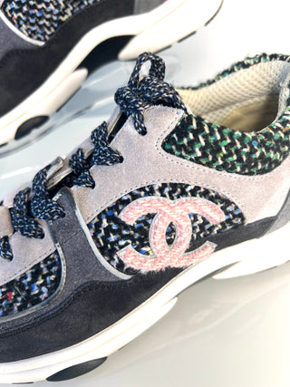 Chanel Preloved Multicolor Tweed Suede CC Sneakers Trainers 38.5 UK5.5