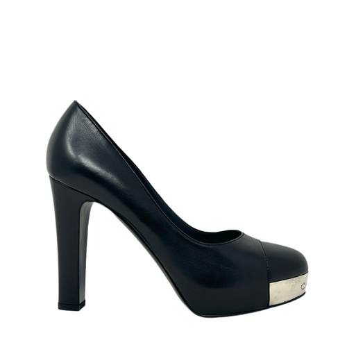 Chanel Black Leather Silver Logo Platform Cap Toe Pump Block Heels 