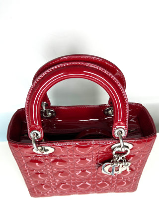 Dior Pre-Loved Lady Dior Medium Deep Red/Burgundy Patent Leather Bag