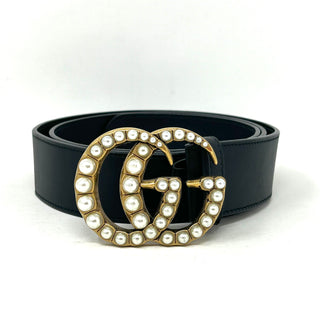 Gucci Wide Black Leather Belt With Pearls