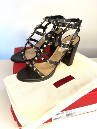 Valentino Garavani Rockstud 90 Black Leather Block Heel Sandals 37 UK4