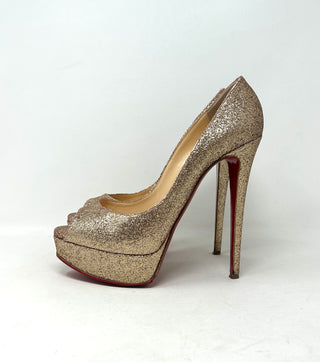 Christian Louboutin Lady Peep 150 Nude Glitter Platform Peep Toe Heels 38.5 UK 5.5