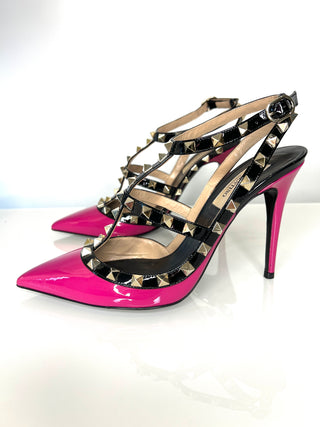 Valentino Garavani Preloved Rockstud Caged Pump 100 Pink Patent Leather Heels 37.5 UK4.5