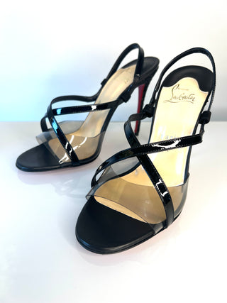 Christian Louboutin Coup de Bleu 100 Black Patent Leather & Glitter Sandals – Small Size 39 UK6