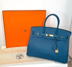 Hermes Birkin 35 Bleu De Presse Gold Hardware Togo Leather Handbag