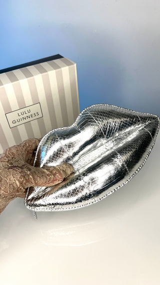 Lulu Guinness Silver Snakeskin Leather Padded Lips Clutch Bag
