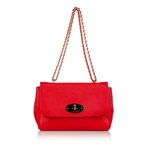 Fiery red/coral Mulberry Lily shoulder bag with woven leather and chain, gold hardware with signature postman lock 