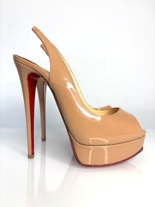 Christia Louboutin Preloved Lady Peep Sling 150 Nude Patent Platform Heels 38 UK5