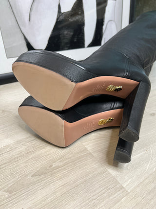 Aquazzura Black Leather Pull-On Knee-High Platform Boots – EU 38.5 / UK 5.5
