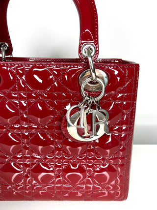 Dior Pre-Loved Lady Dior Medium Deep Red/Burgundy Patent Leather Bag