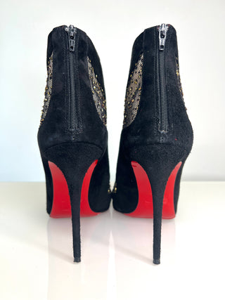 Christian Louboutin Papilloboot 100 Embellished Mesh and Suede Ankle Boots 38.5 UK5.5