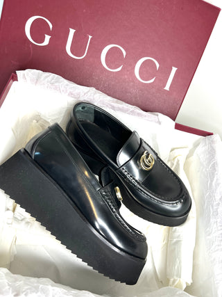 Gucci Pre-Loved Double G Creeper Platform Black Leather Loafers 37.5 UK4.5