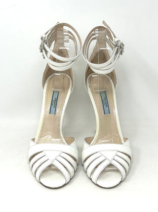 Prada Ivory White Patent Leather Strappy Sandal Heels 37.5 UK 4.5