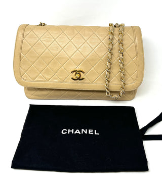 Chanel Beige Quilted Leather CC Logo Flap Shoulder Bag 24K Gold Plated